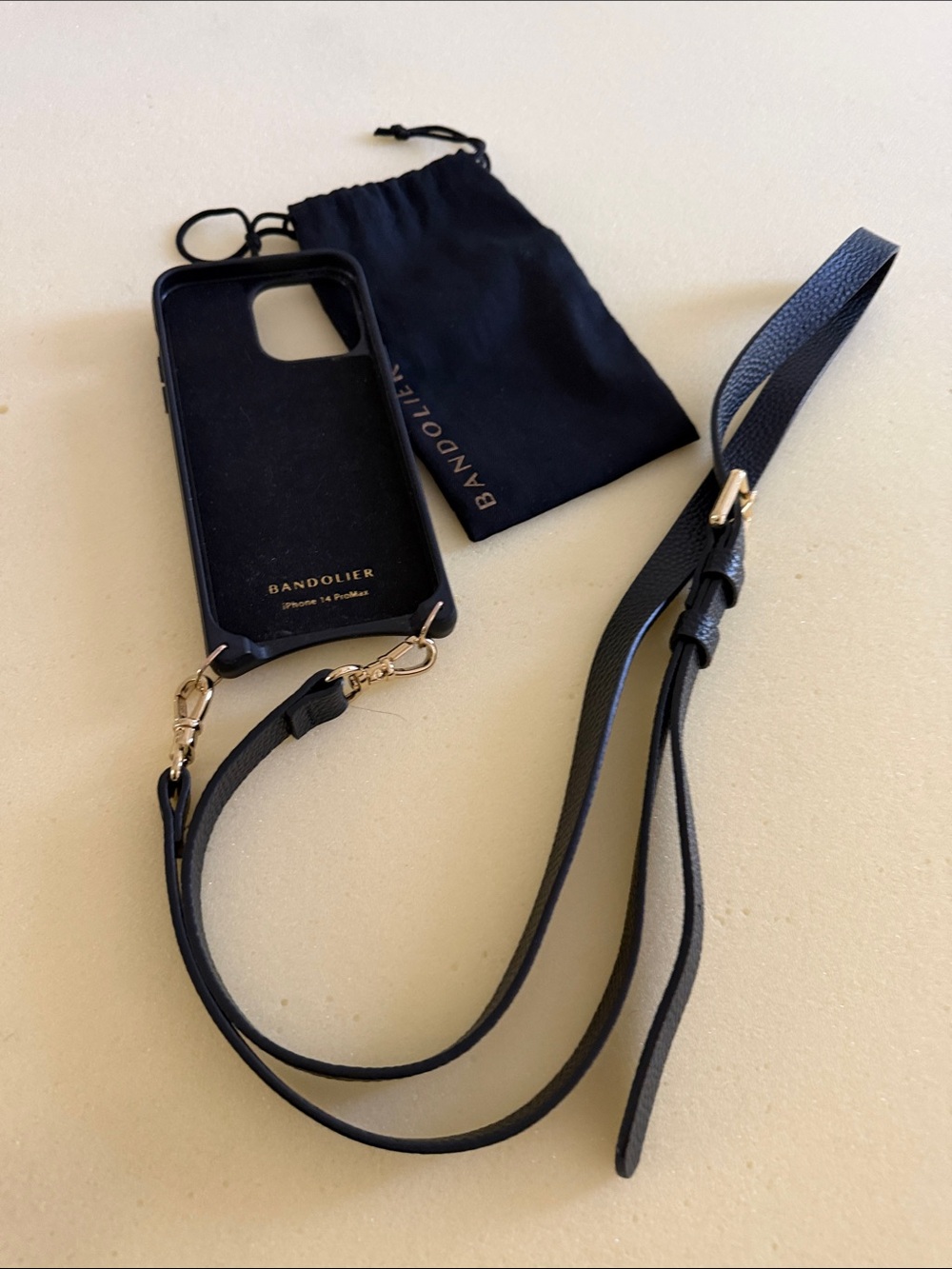 Bandolier Black Leather Crossbody Phone Case with Gold Hardware
